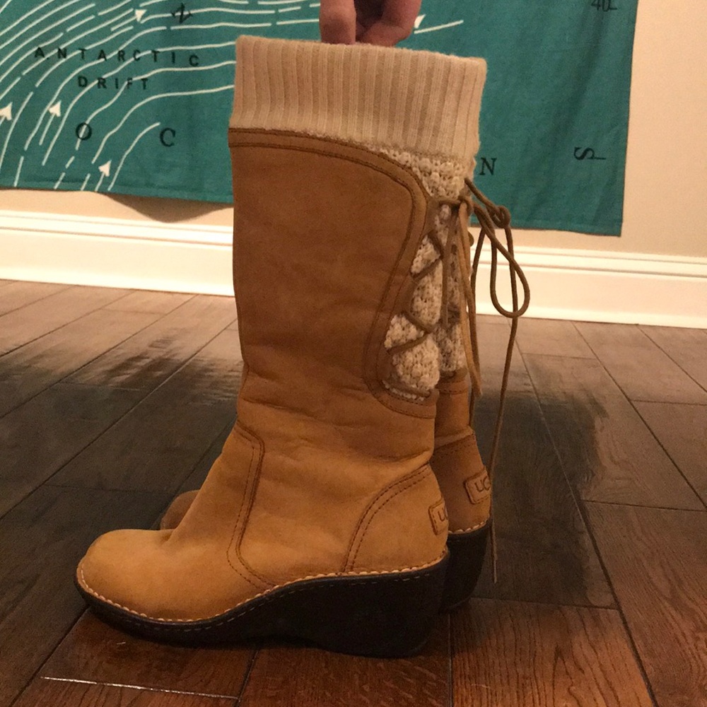 Tan lace up UGG wedge booties